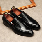 Men's Dark Burnished Penny Loafers: Pointed Toe Formal Wedding Dress Shoesyes