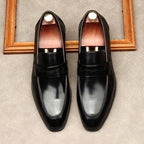 Men's Dark Burnished Penny Loafers: Pointed Toe Formal Wedding Dress Shoesyes