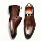 Men's Dark Burnished Penny Loafers: Pointed Toe Formal Wedding Dress Shoesyes