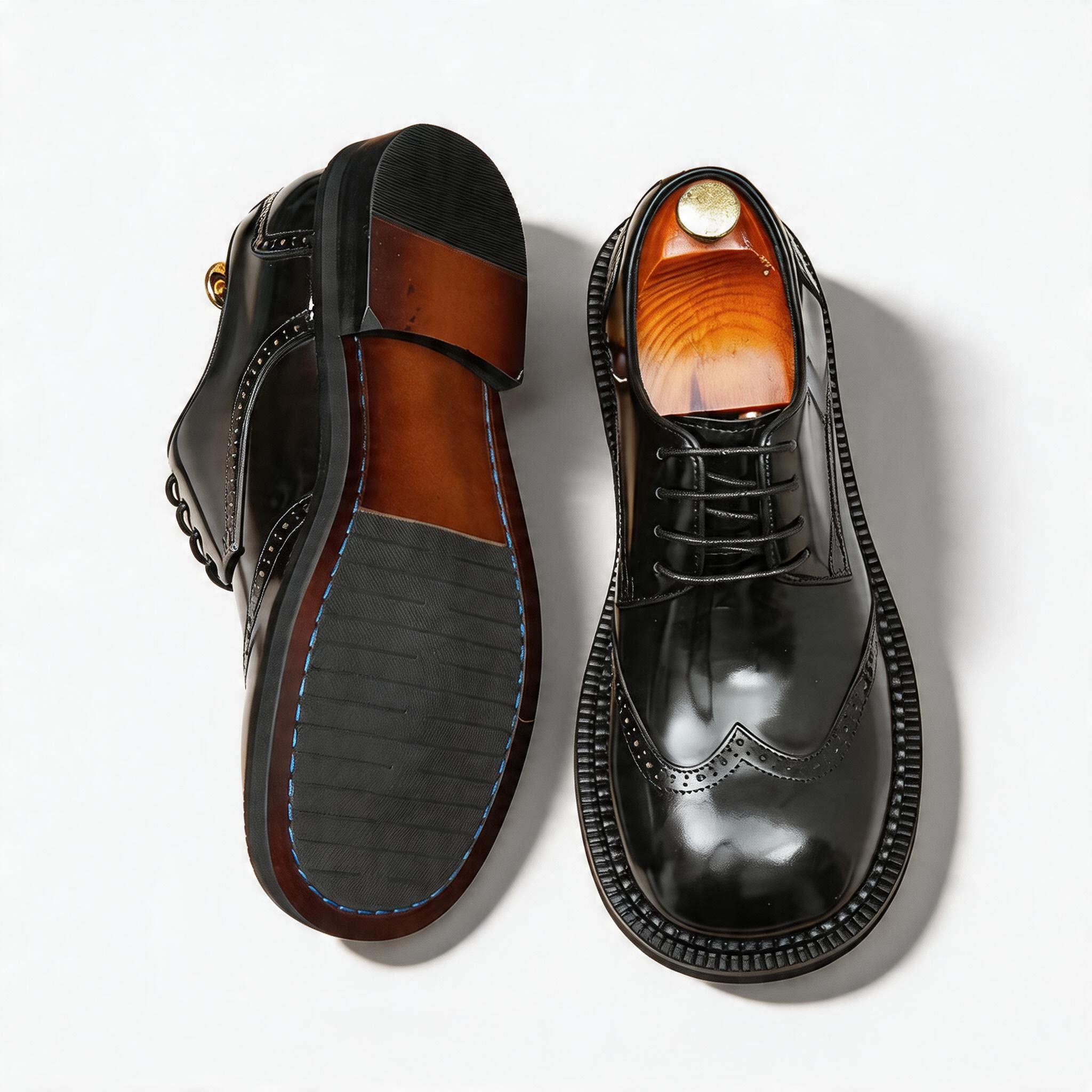 Men's Dark Wingtip Derbies: Genuine Leather Formal Dress Shoes
