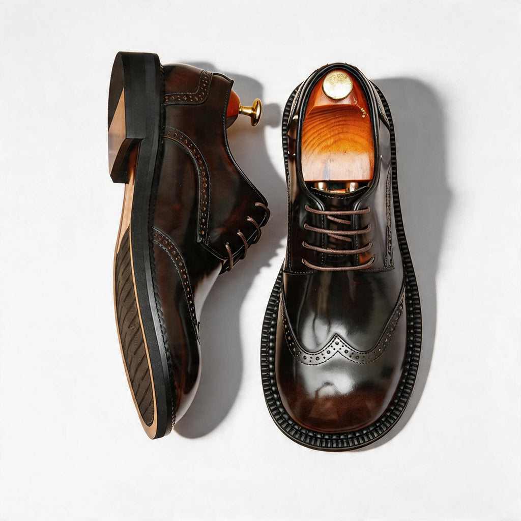 Men's Dark Wingtip Derbies: Genuine Leather Formal Dress Shoes