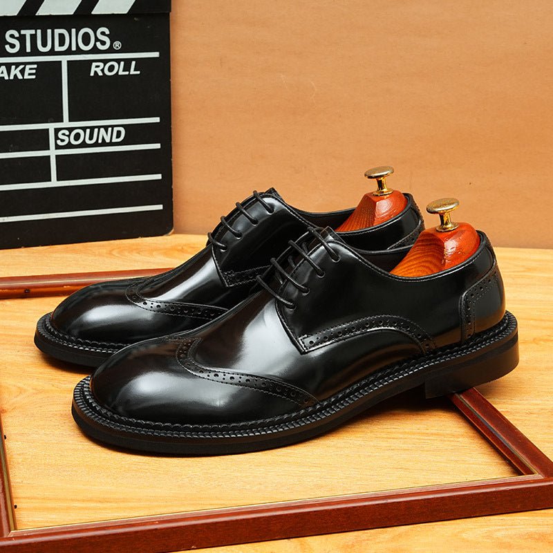 Men's Dark Wingtip Derbies: Genuine Leather Formal Dress Shoes