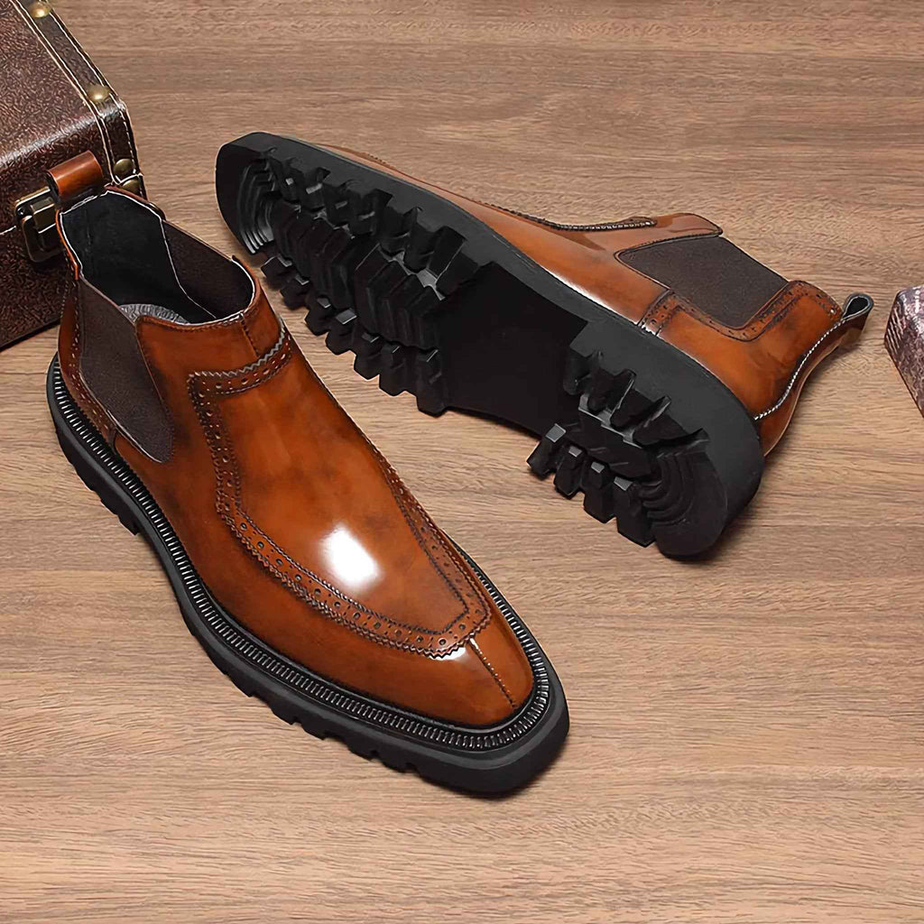 Men's Genuine Leather Chelsea Boots - British Style Polka Dot Embossed Ankle Bootsyes