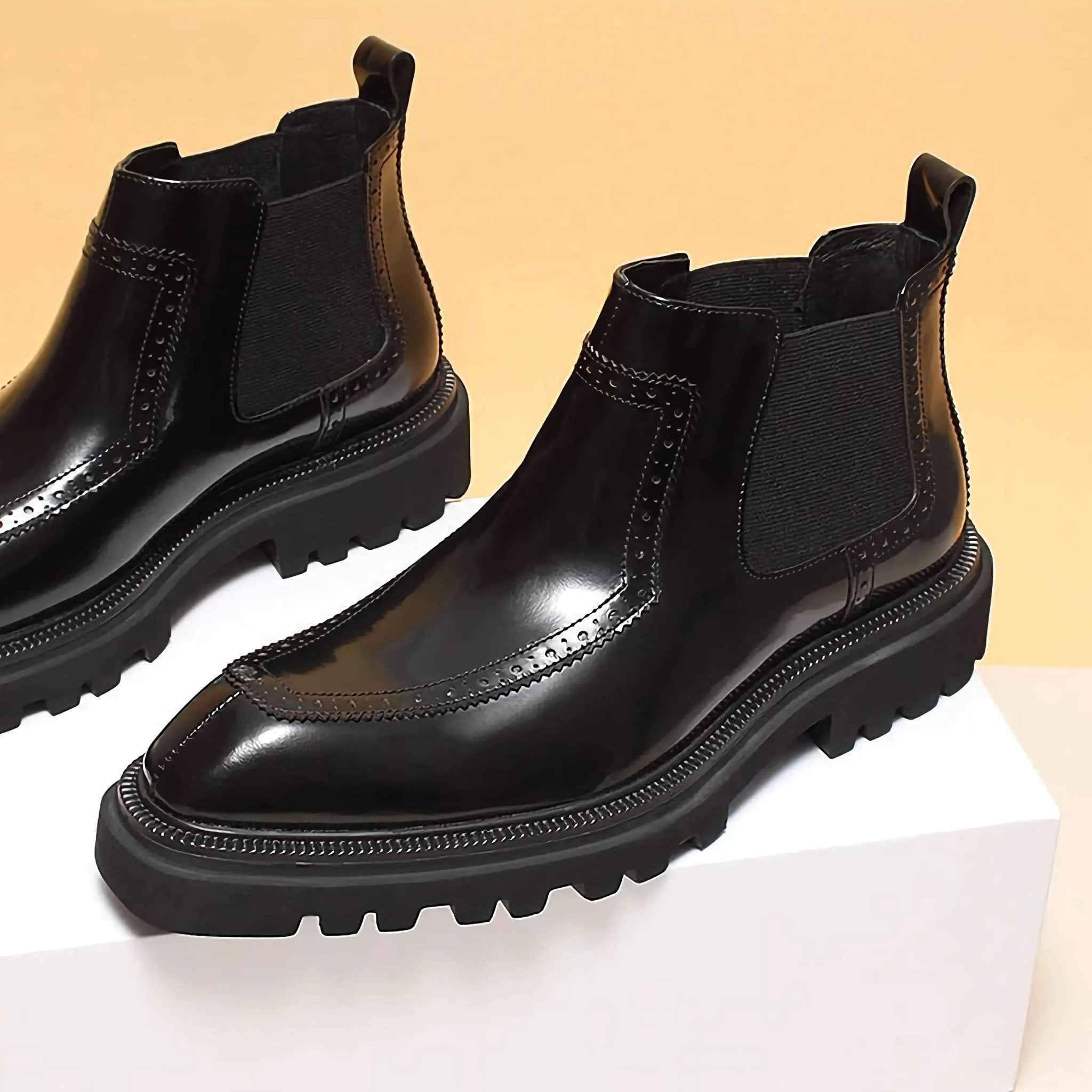 Men's Genuine Leather Chelsea Boots - British Style Polka Dot Embossed Ankle Bootsyes