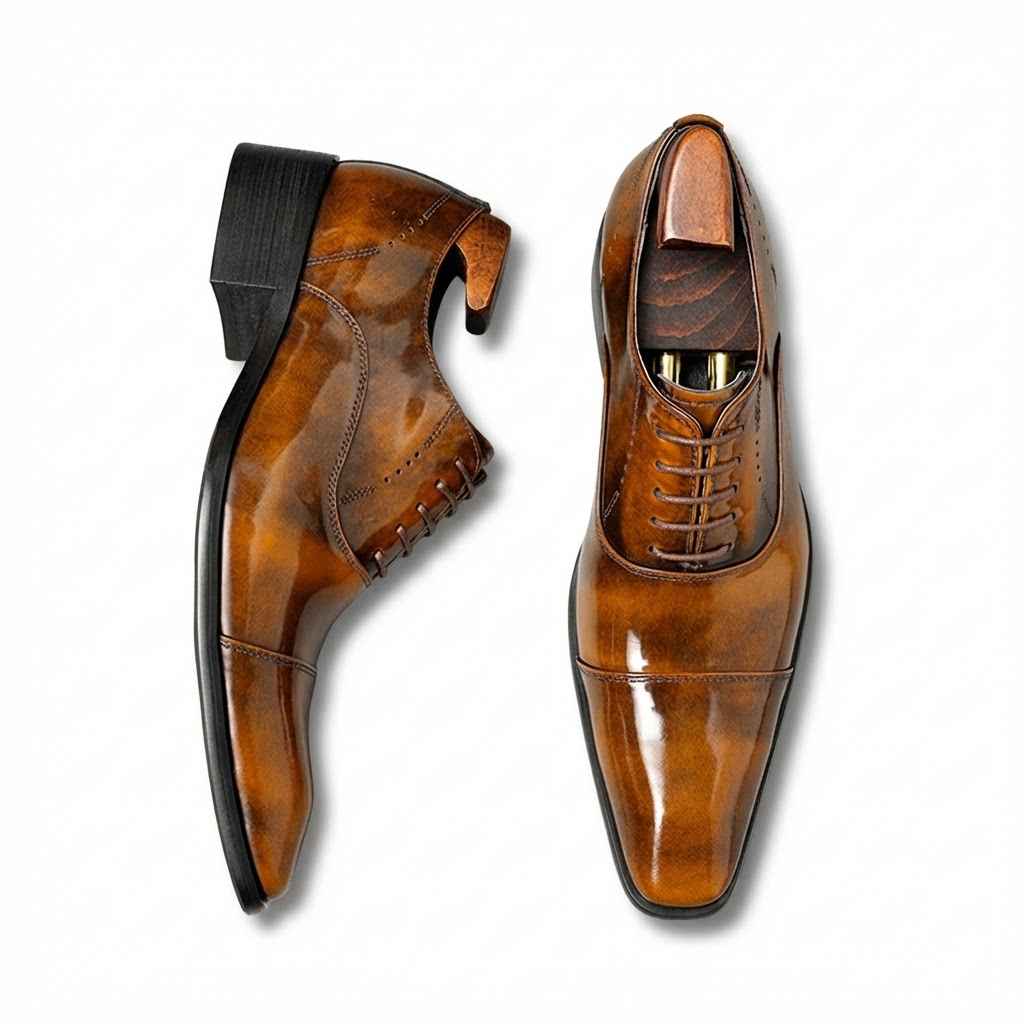 Men's brown glazed leather cap toe oxford shoes for gentlemen