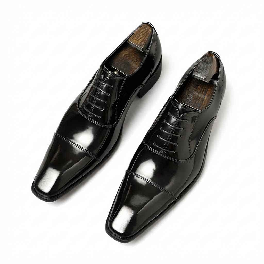 Men's black glazed leather cap toe oxford shoes for business