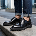 Men's black wingtip brogue oxford shoes with chunky lug sole, lace-up front