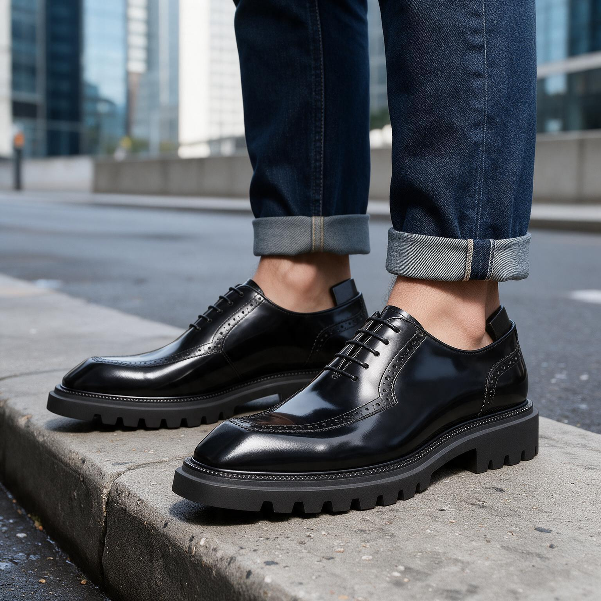 Men's black wingtip brogue oxford shoes with chunky lug sole, lace-up front