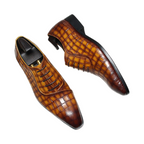Men's brown embossed croc-pattern oxford dress shoes, lace-up, pair top view