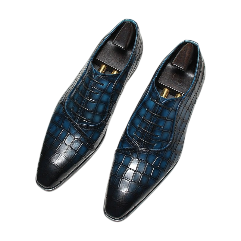 Men's blue rock-pattern embossed oxford dress shoes, lace-up