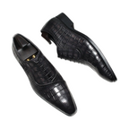 Men's black embossed croc-pattern oxford dress shoes, lace-up, front view