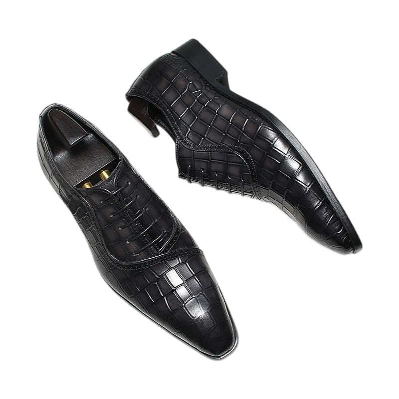 Men's black embossed croc-pattern oxford dress shoes, lace-up, front view