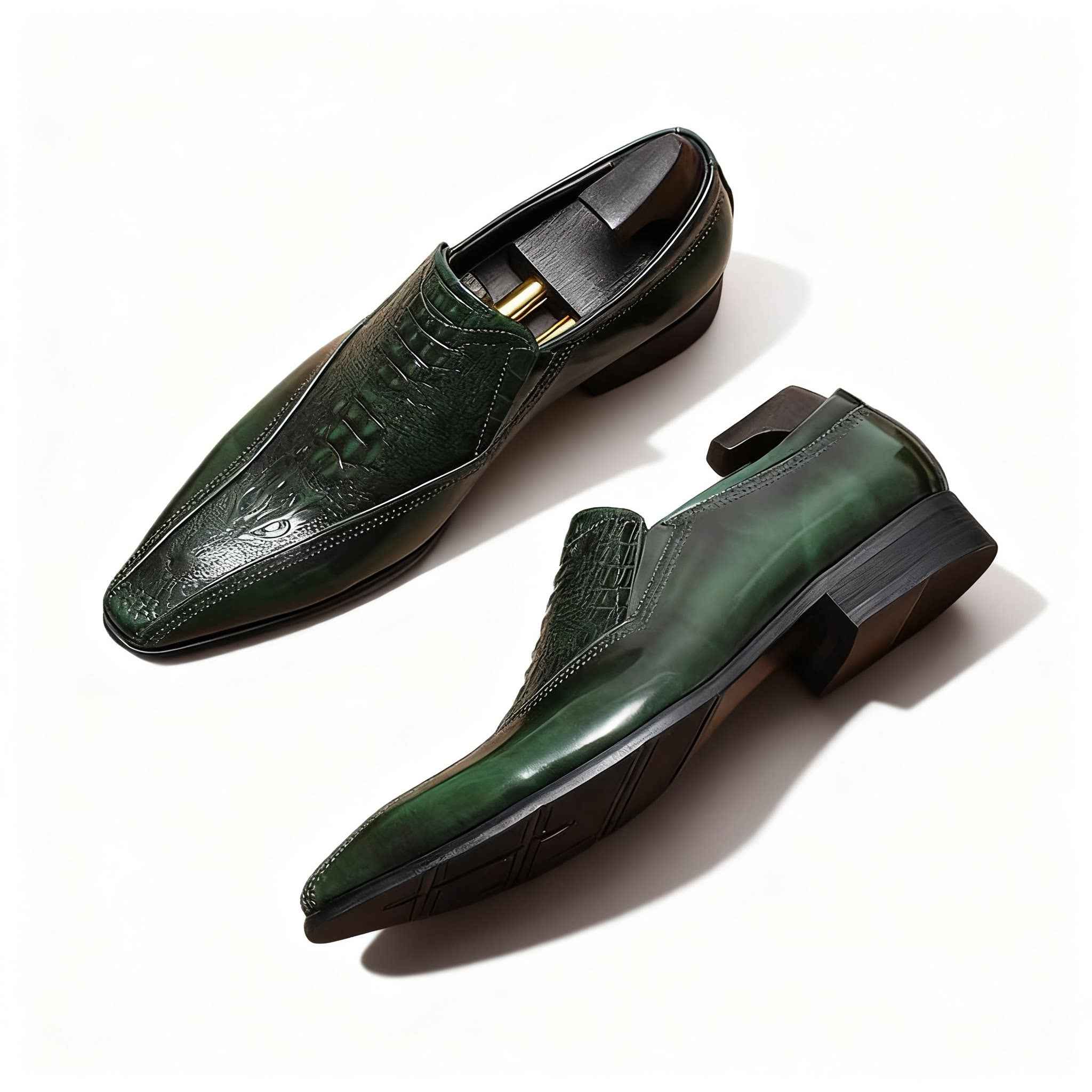 Men's Green Crocodile Embossed Loafers: Stylish Party Dress Shoesyes