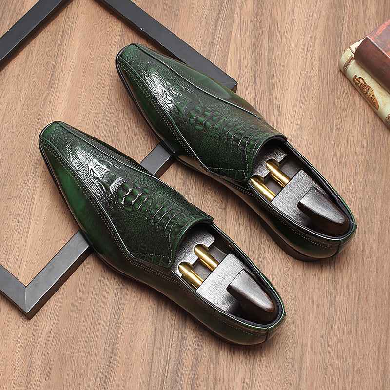 Men's Green Crocodile Embossed Loafers: Stylish Party Dress Shoesyes
