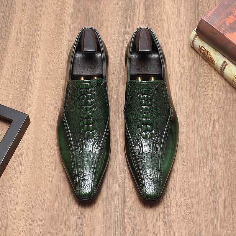 Men's Green Crocodile Embossed Loafers: Stylish Party Dress Shoesyes