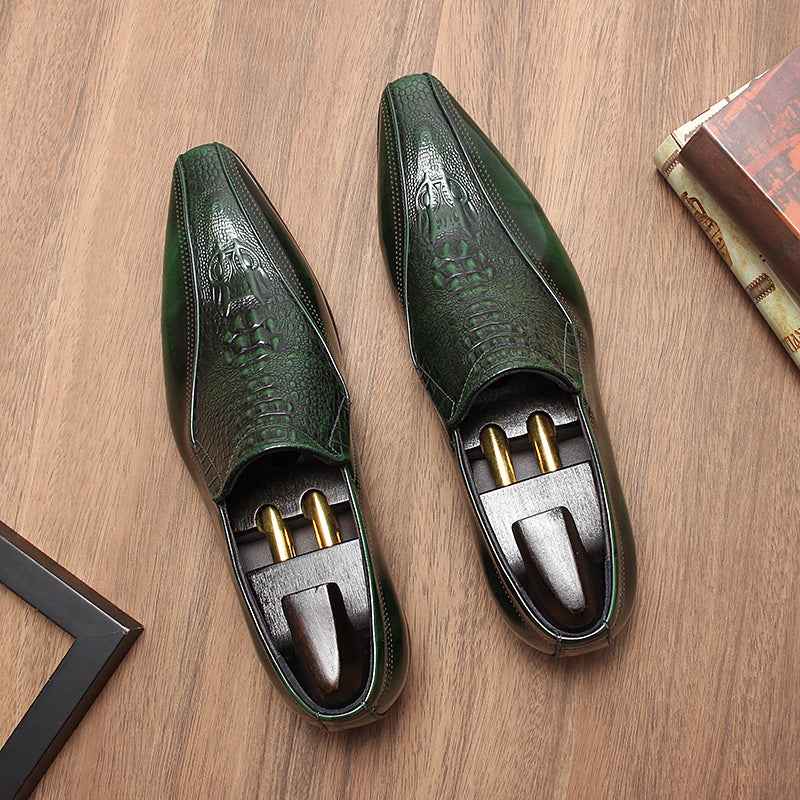 Men's Green Crocodile Embossed Loafers: Stylish Party Dress Shoesyes