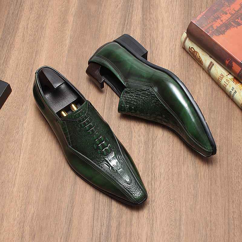 Men's Green Crocodile Embossed Loafers: Stylish Party Dress Shoesyes