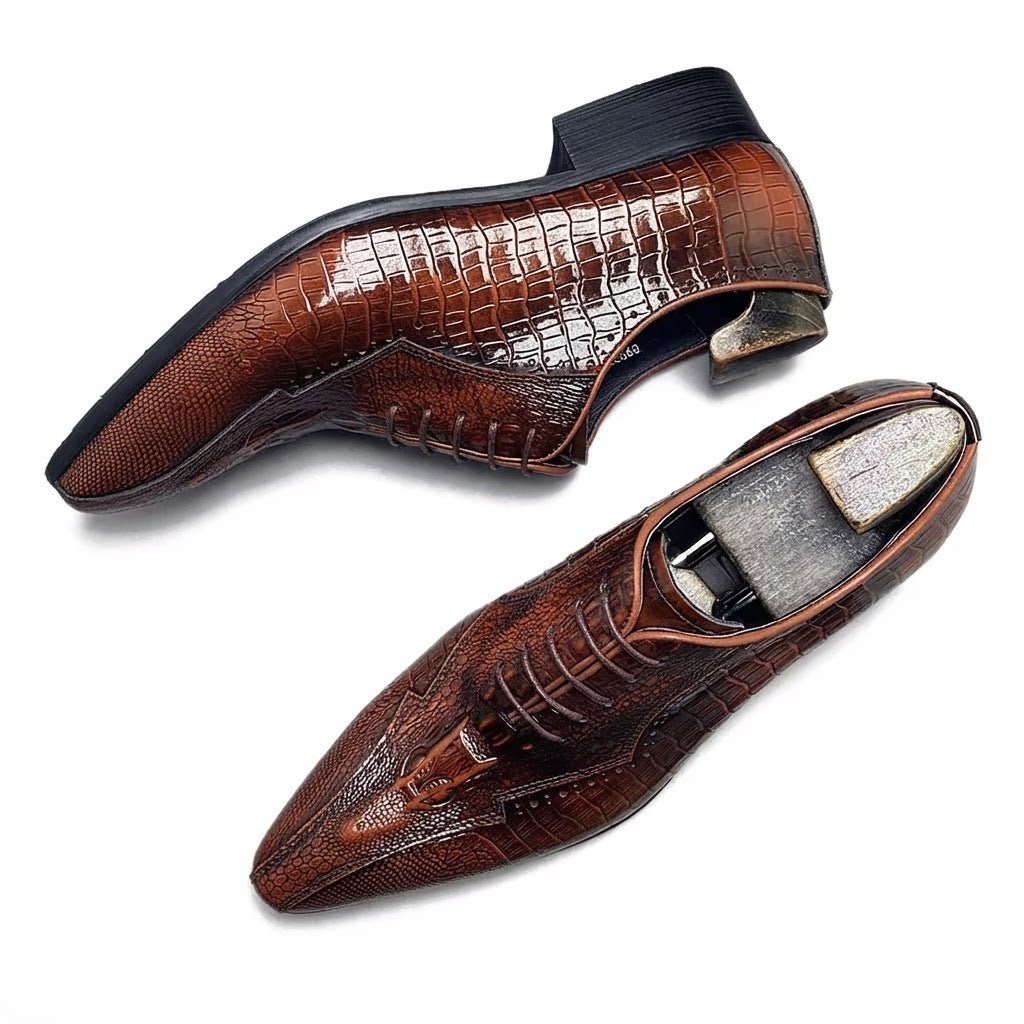 Men's Brown Hybrid Crocodile Embossed Wingtip Oxford Genuine Leather Dress Shoes Front View