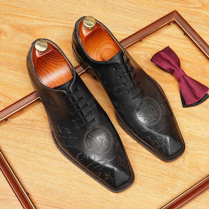 Men's Laser - Etched Leather Oxford Shoes Square Toe Wedding Dress Shoesyes