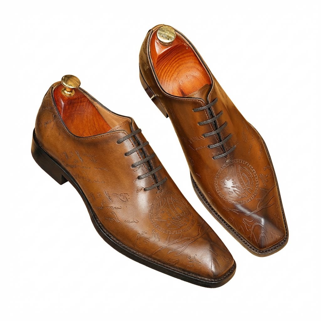 Men's Laser - Etched Leather Oxford Shoes Square Toe Wedding Dress Shoesyes
