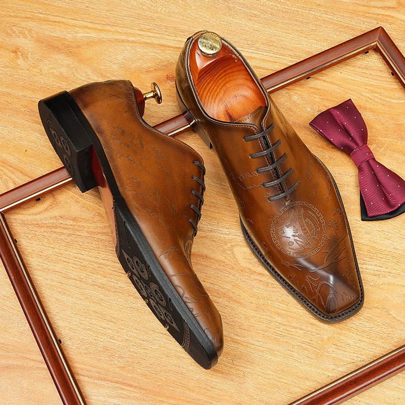 Men's Laser - Etched Leather Oxford Shoes Square Toe Wedding Dress Shoesyes