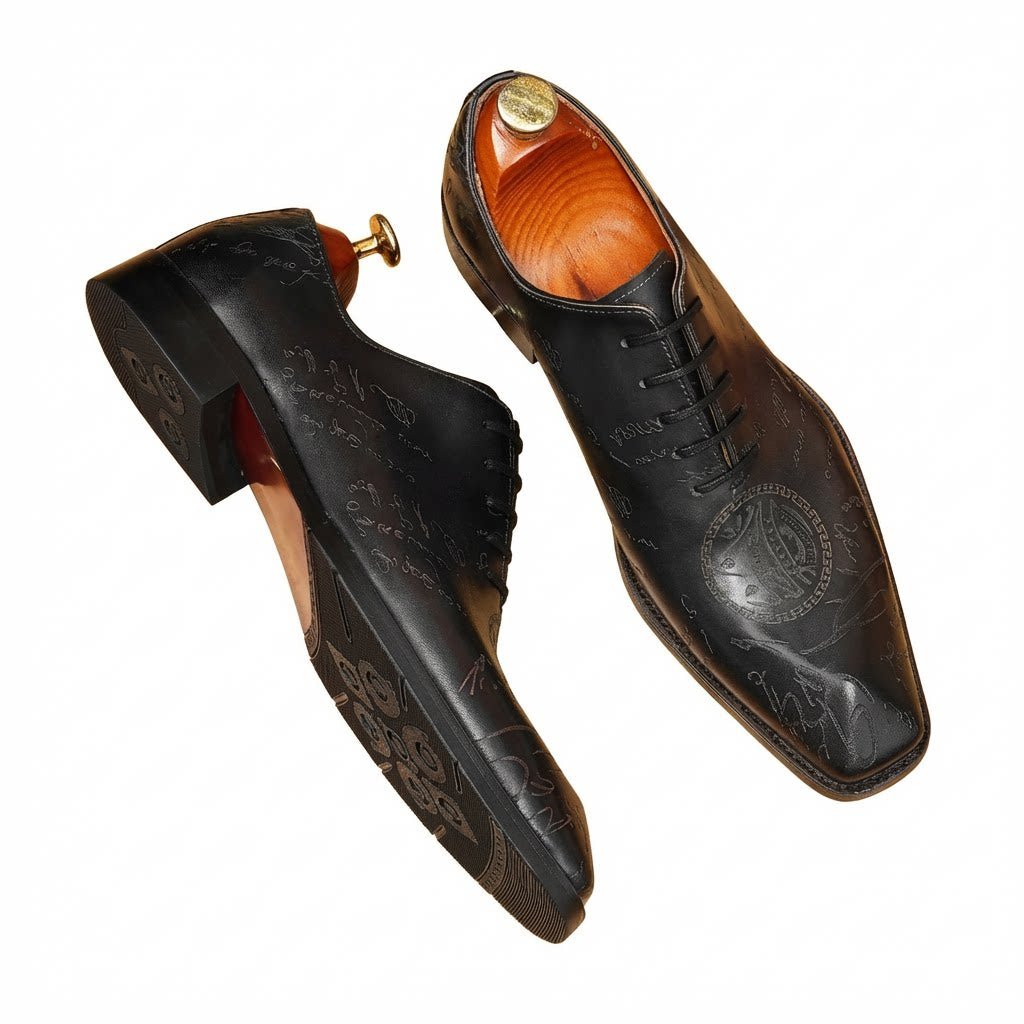 Men's Laser - Etched Leather Oxford Shoes Square Toe Wedding Dress Shoesyes