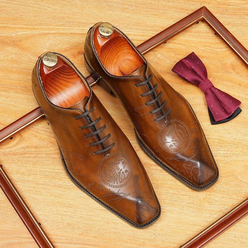 Men's Laser - Etched Leather Oxford Shoes Square Toe Wedding Dress Shoesyes