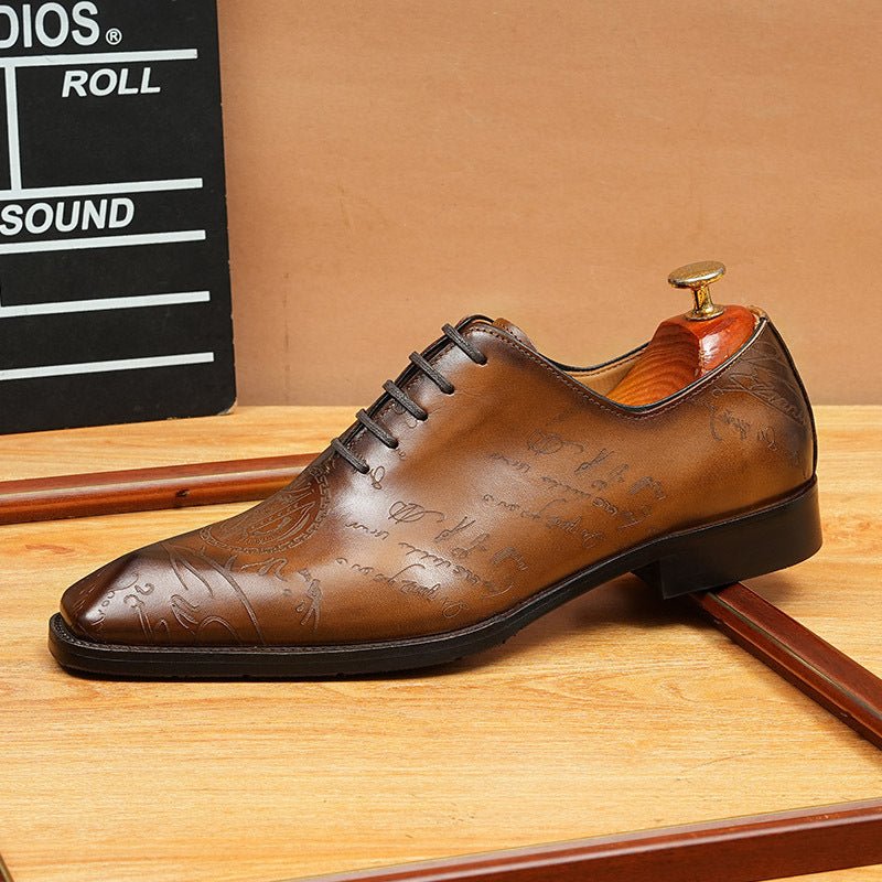 Men's Laser - Etched Leather Oxford Shoes Square Toe Wedding Dress Shoesyes