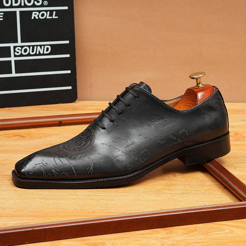 Men's Laser - Etched Leather Oxford Shoes Square Toe Wedding Dress Shoesyes