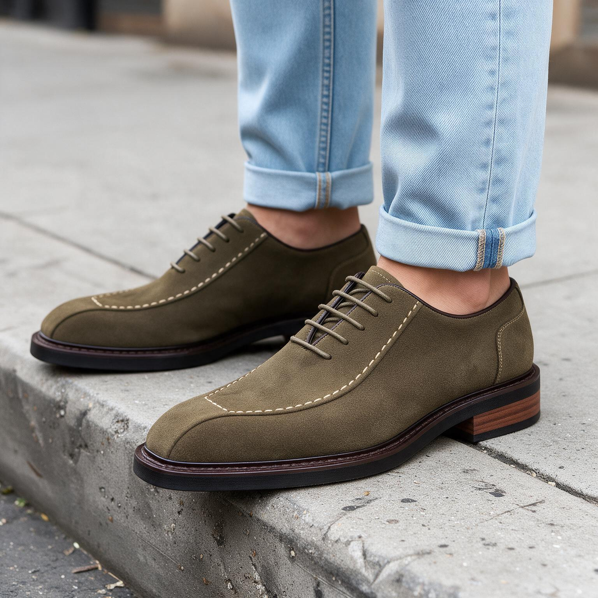 Dark brown suede lace-up oxford shoes with pointed toe and contrast trim