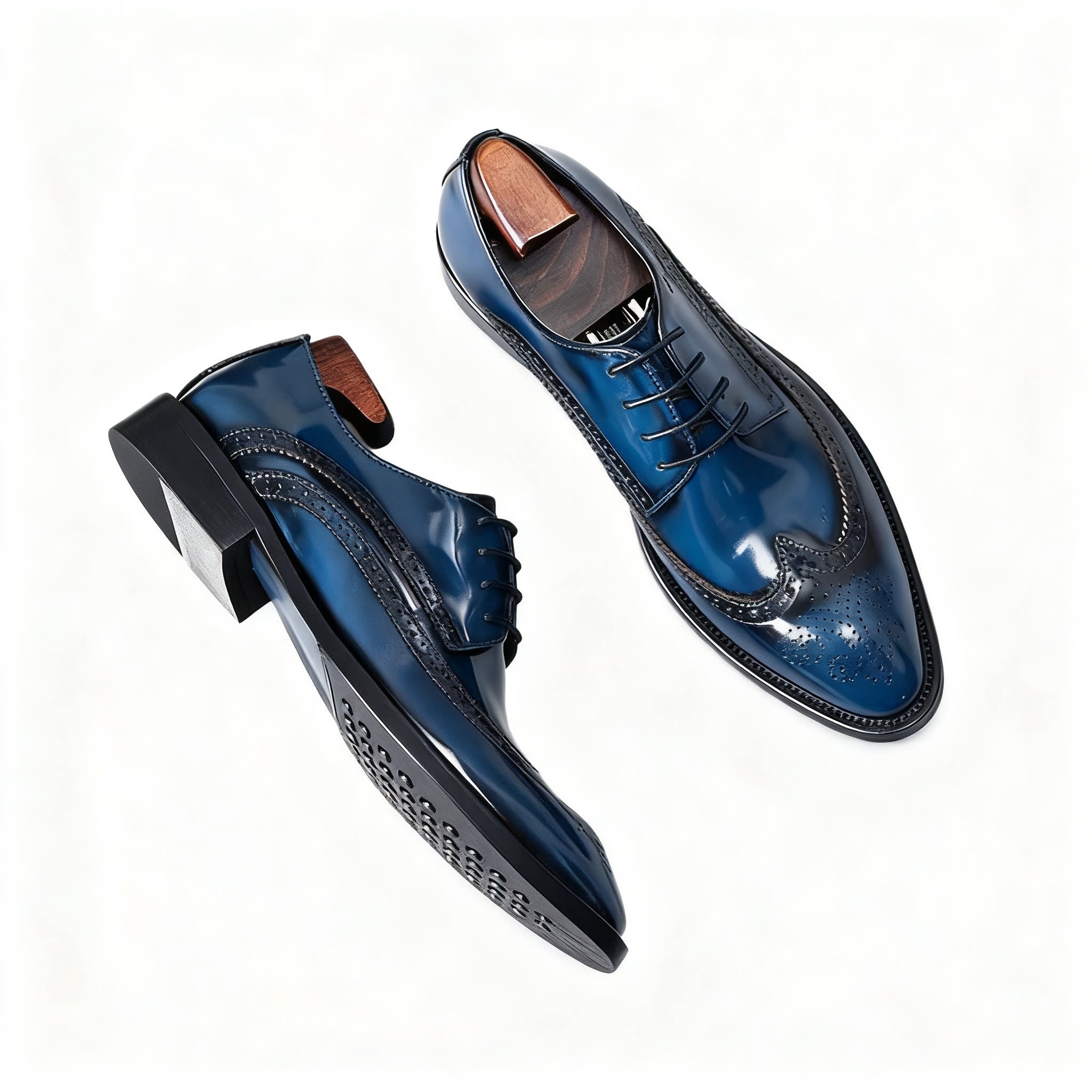 Stylish modern blue leather brogue derby shoes with a sleek silhouette and rubber sole.
