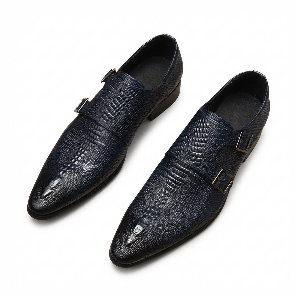Unique navy blue crocodile pattern leather double monk strap dress shoes for a modern dandy look.