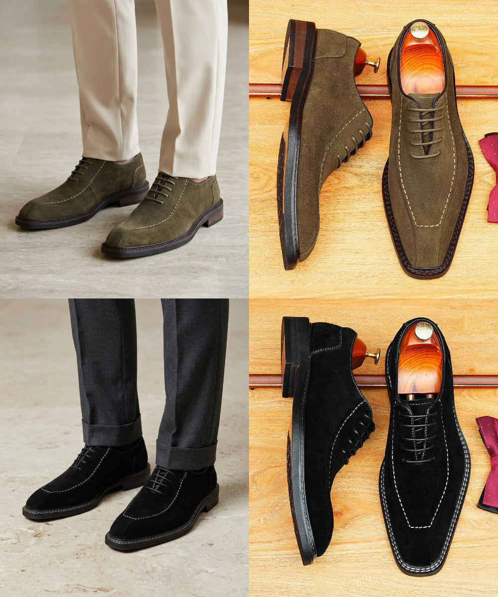 Men's pointed-toe suede Oxford shoes in dark brown and black, with lace-up fronts and stitched details