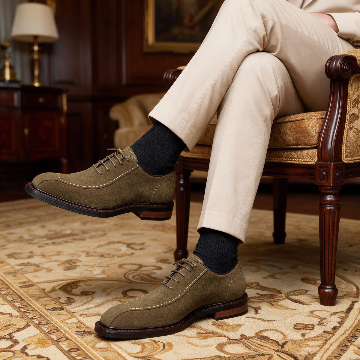 Dark brown suede lace-up oxford shoes with pointed toe and low block heel