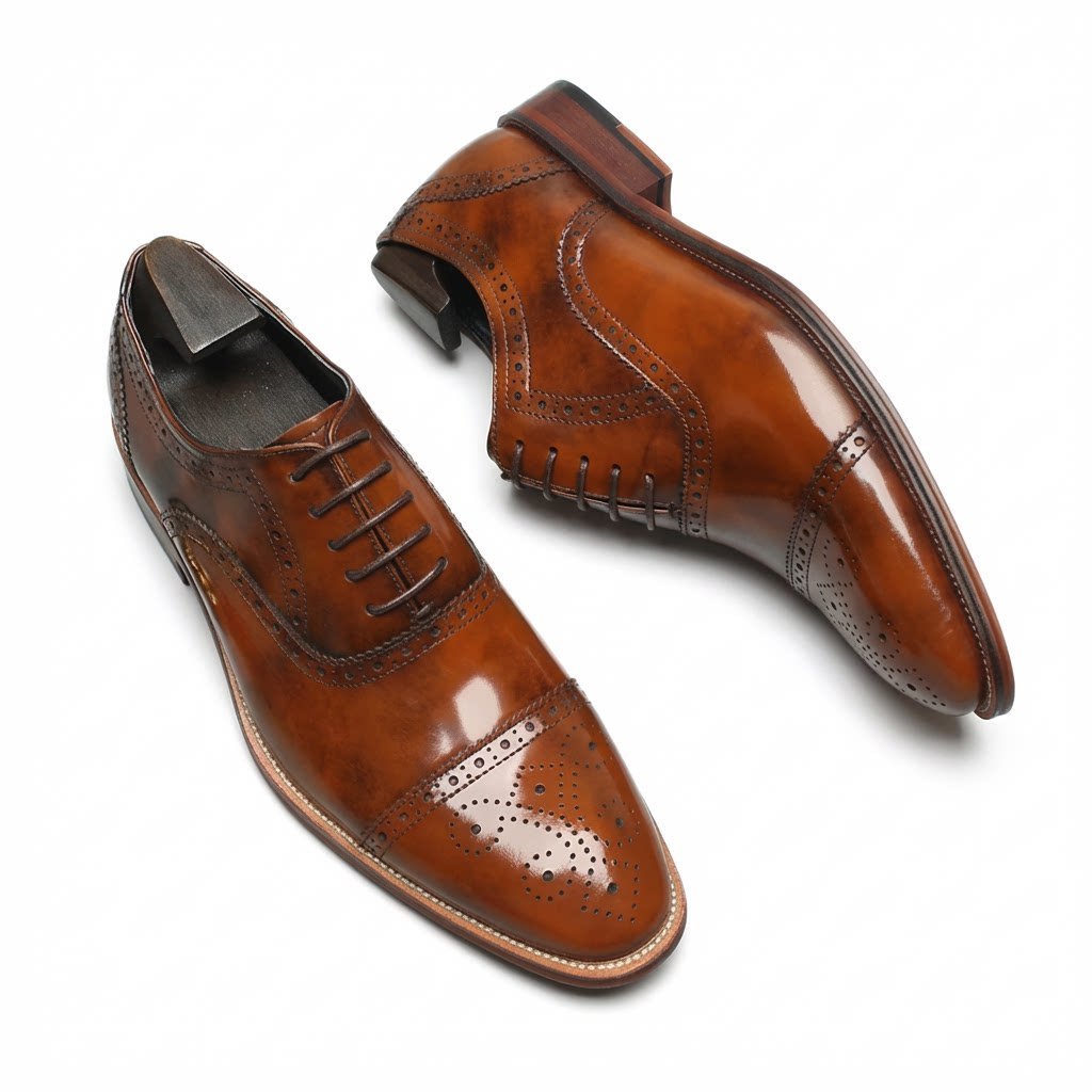 Men's Brown Ornate Carved Cap Toe Oxford Genuine Leather Dress Shoes Front View
