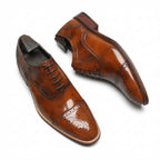 Men's Brown Ornate Carved Cap Toe Oxford Genuine Leather Dress Shoes Front View
