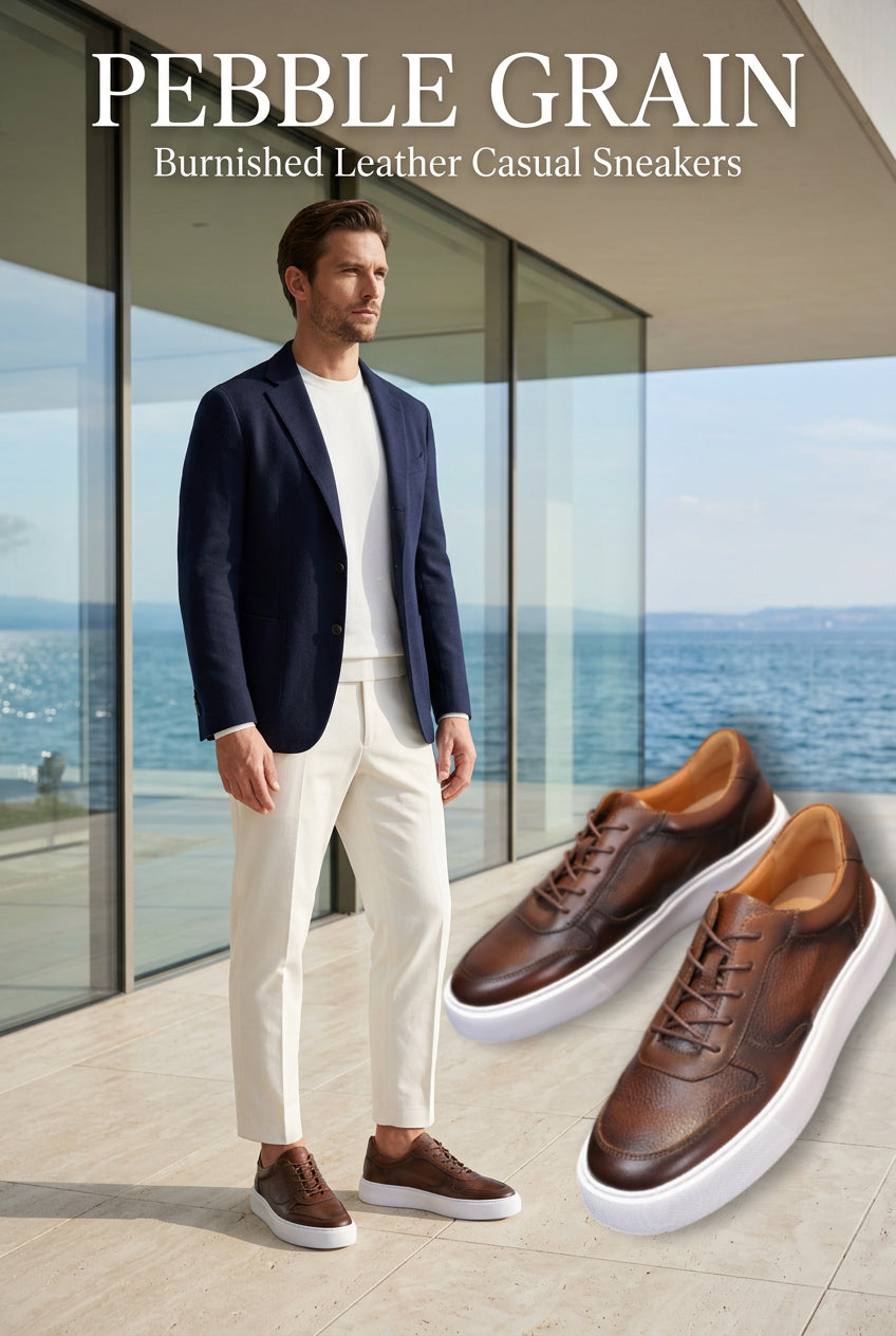 Men's Pebble-Grain Genuine Leather Sneakers - Rugged Casual Low Tops