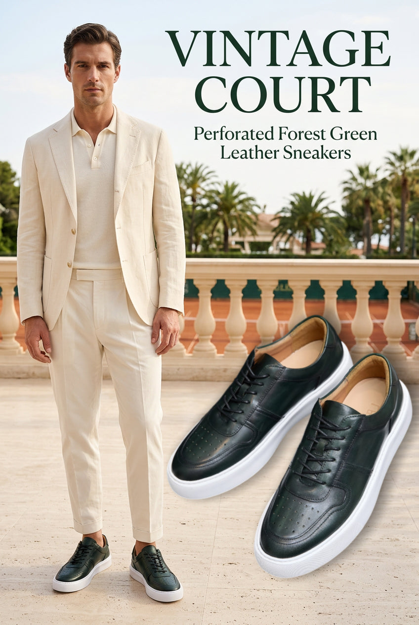 Men's Perforated Genuine Leather Court Sneakers - Casual Low Tops