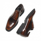 Men's Brown Platform Carved Brogue Oxford Genuine Leather Dress Shoes Front View