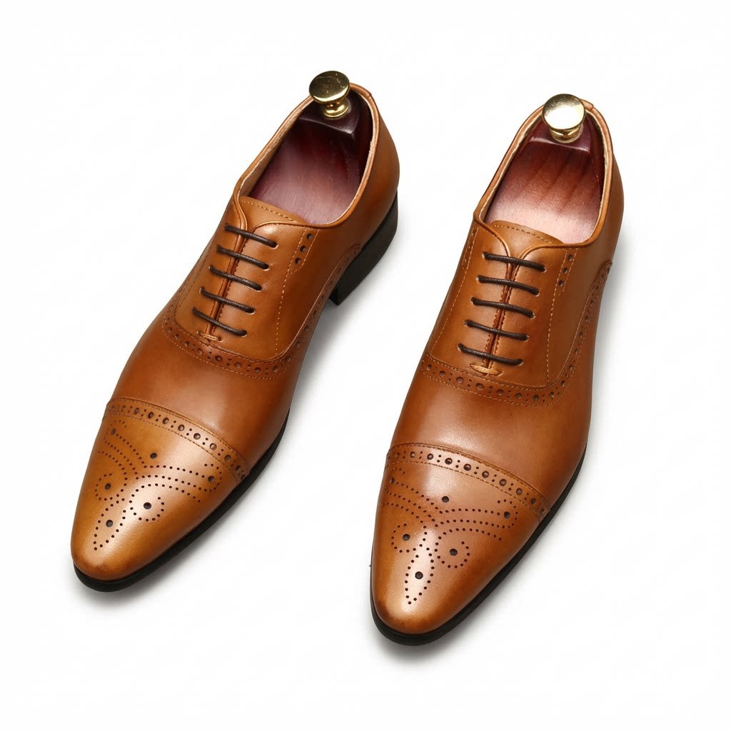 Men's Pointed Cap Toe Dress Shoes: Burnished Tan Artisan Brogue Oxfordsyes