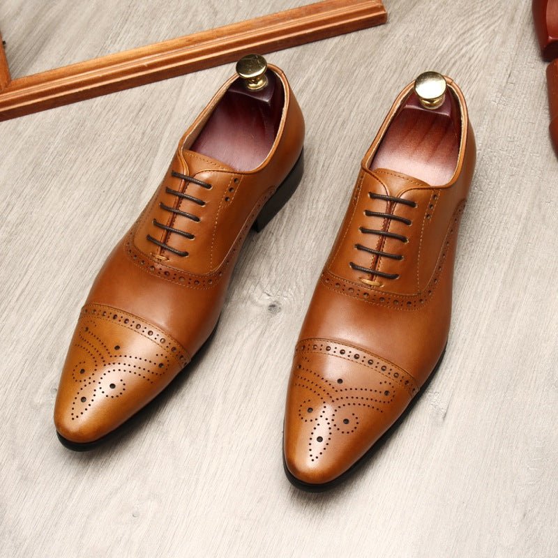 Men's Pointed Cap Toe Dress Shoes: Burnished Tan Artisan Brogue Oxfordsyes