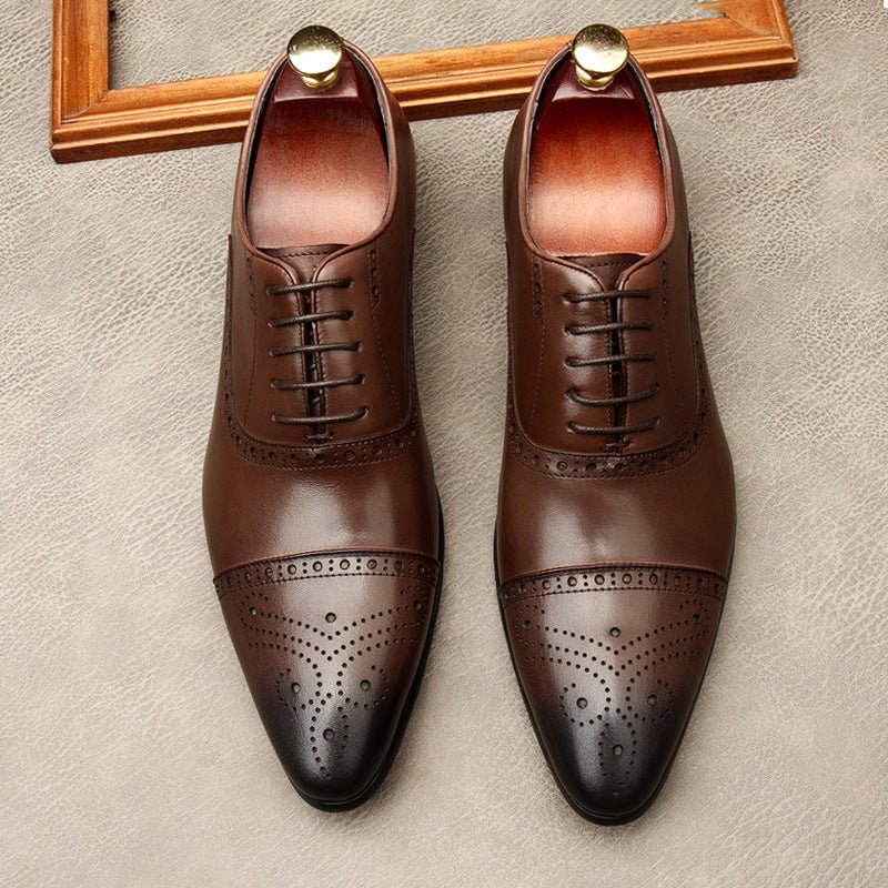 Men's Pointed Cap Toe Dress Shoes: Burnished Tan Artisan Brogue Oxfordsyes