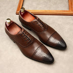 Men's Pointed Cap Toe Dress Shoes: Burnished Tan Artisan Brogue Oxfordsyes
