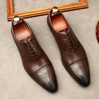 Men's Pointed Cap Toe Dress Shoes: Burnished Tan Artisan Brogue Oxfordsyes