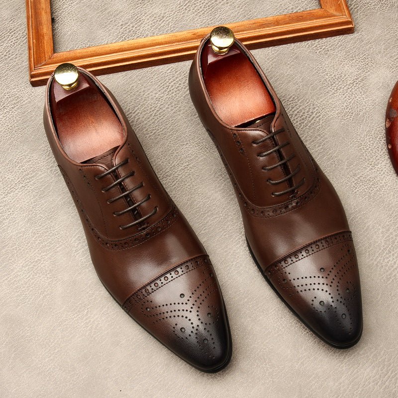 Men's Pointed Cap Toe Dress Shoes: Burnished Tan Artisan Brogue Oxfordsyes