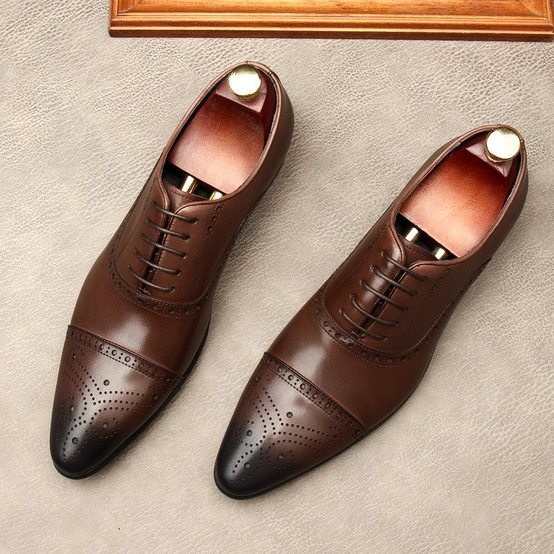 Men's Pointed Cap Toe Dress Shoes: Burnished Tan Artisan Brogue Oxfordsyes