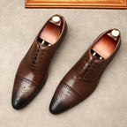 Men's Pointed Cap Toe Dress Shoes: Burnished Tan Artisan Brogue Oxfordsyes