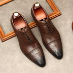 Men's Pointed Cap Toe Dress Shoes: Burnished Tan Artisan Brogue Oxfordsyes