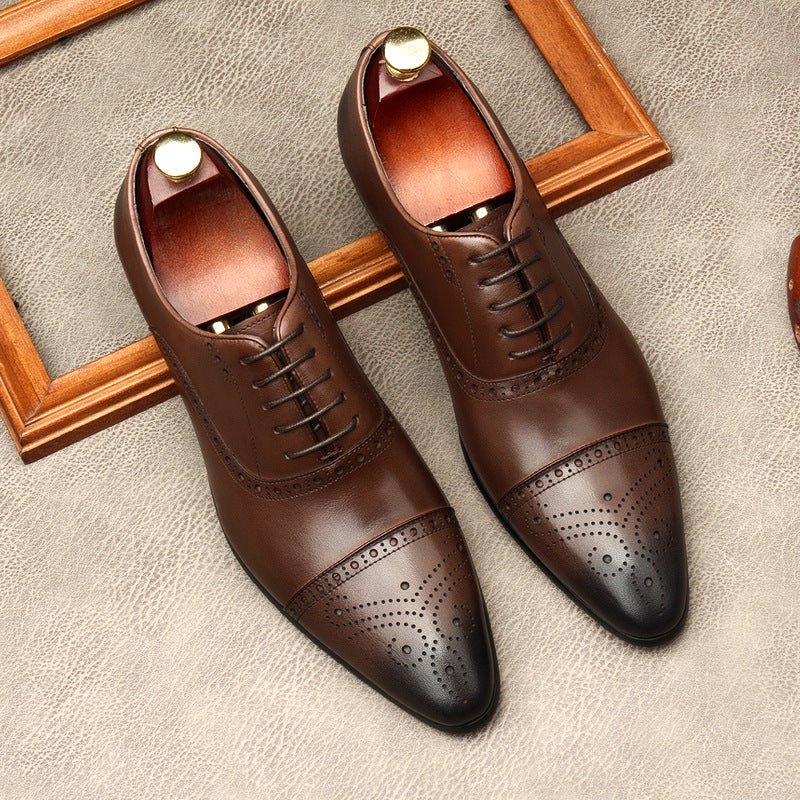 Men's Pointed Cap Toe Dress Shoes: Burnished Tan Artisan Brogue Oxfordsyes