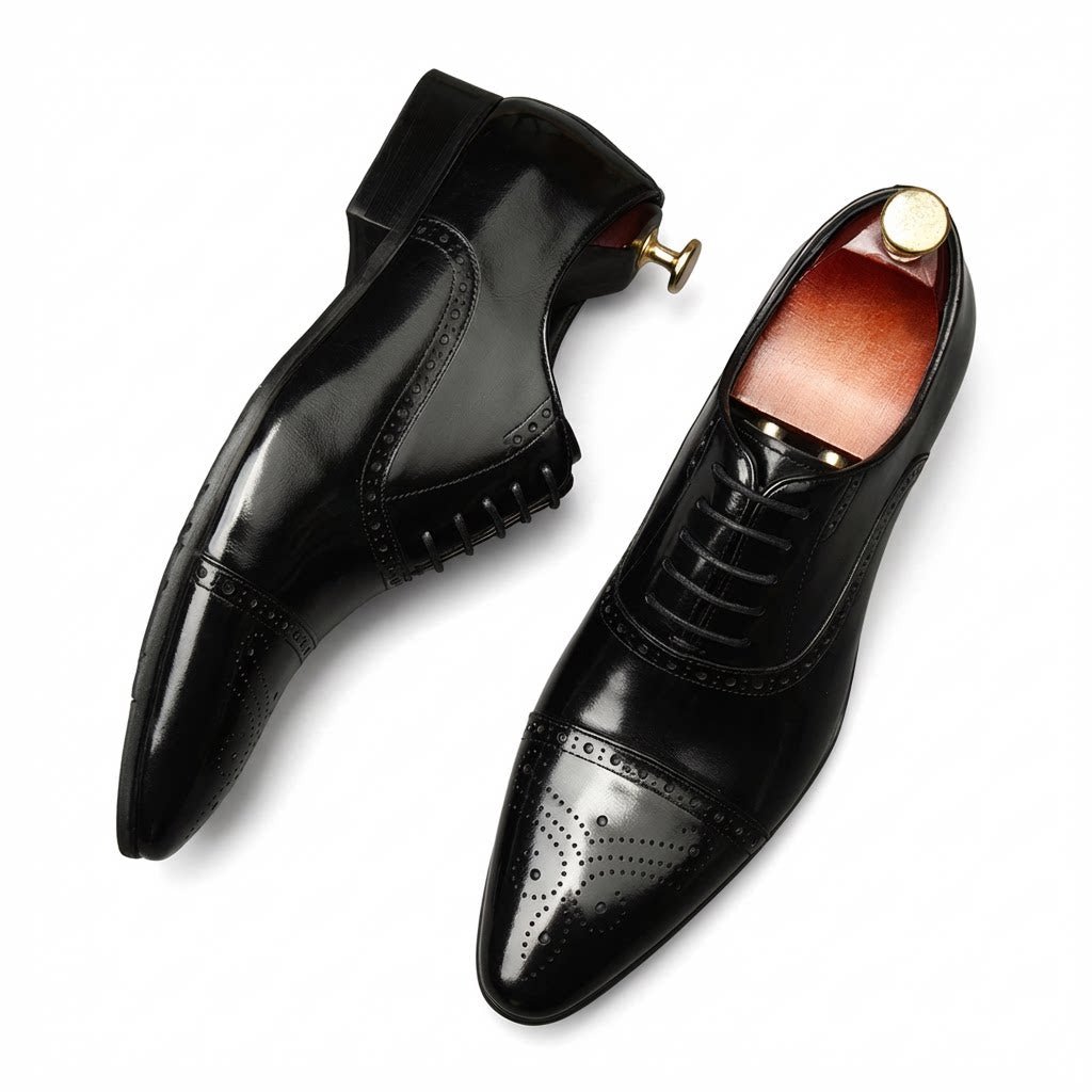 Men's Pointed Cap Toe Dress Shoes: Burnished Tan Artisan Brogue Oxfordsyes